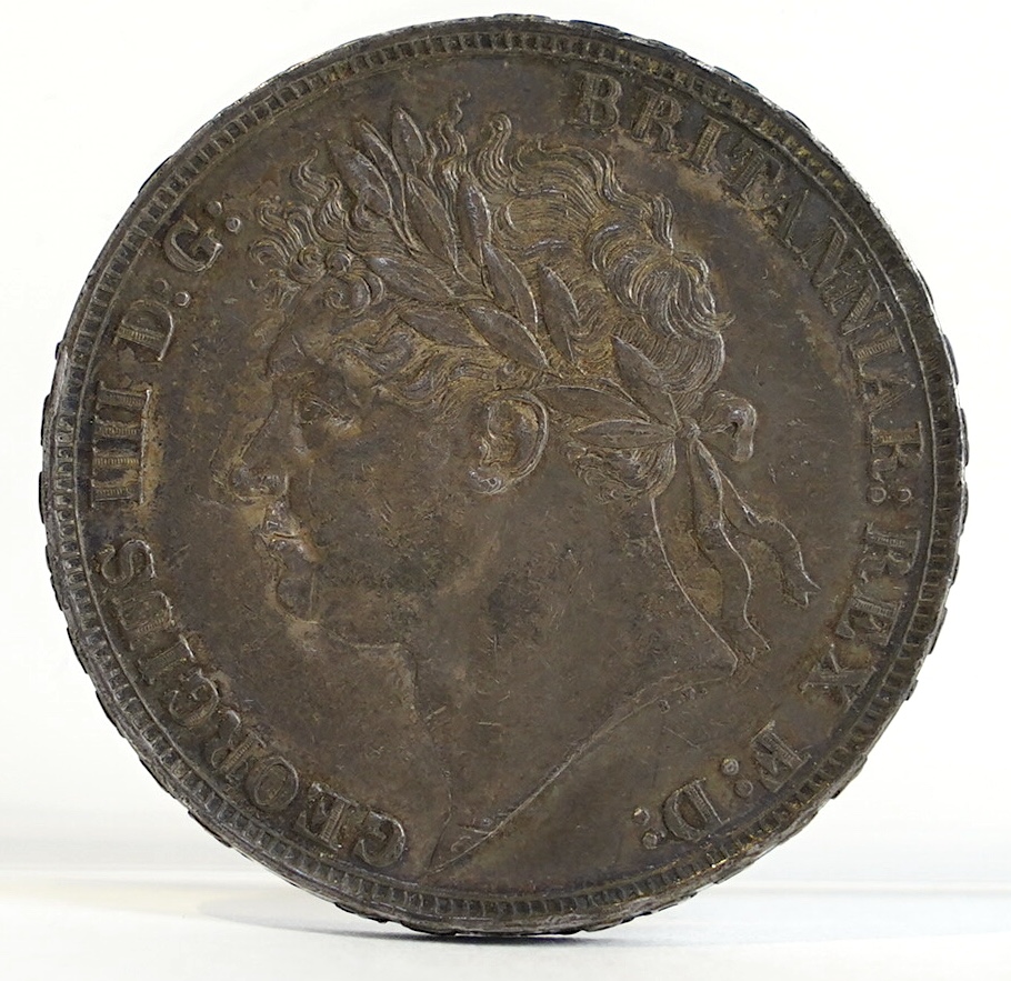 British silver coins, George III, crown, 1822 TERTIO, (S3805), minor edge wear, toned EF